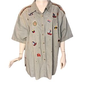 Quacker Factory 2X Nautical Embroidered Denim Shirt Coastal Grandmother